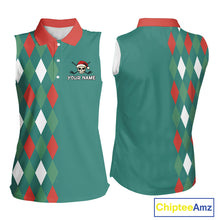 Load image into Gallery viewer, Green, Red & White Christmas argyle pattern Skull Sleeveless Polo Shirt Custom ladies golf outfit NQS10770