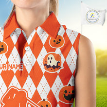 Load image into Gallery viewer, Orange argyle pattern pumpkin Golf Sleeveless Polo Shirt Custom Halloween ladies golf outfit NQS10776