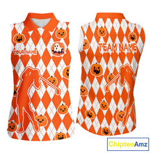 Load image into Gallery viewer, Orange argyle pattern pumpkin Golf Sleeveless Polo Shirt Custom Halloween ladies golf outfit NQS10776