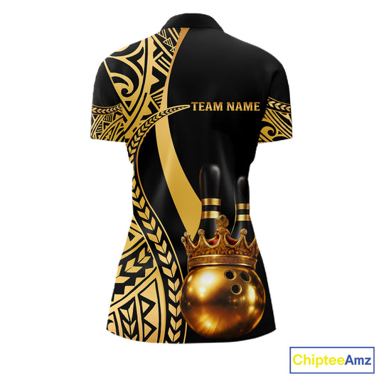Black and Gold crown Bowling ball pins Polo, Quarter Zip Shirts for Women Custom Bowling Team jerseys NQS11592