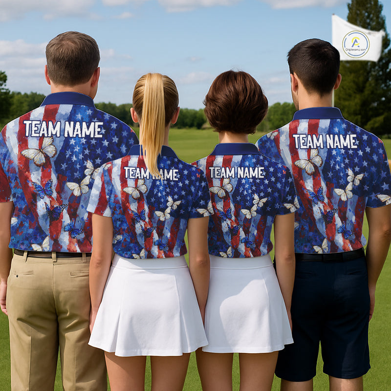Personalized American Flag Butterfly Womens Golf Polo Shirt – Custom Name Patriotic Team Apparel NHT1033