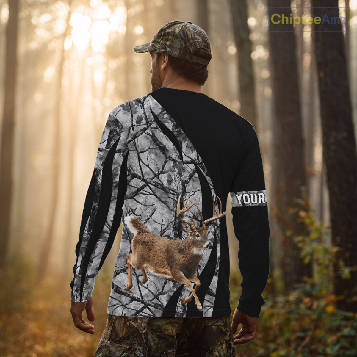 Deer Jumping Hunting 3D Black Gray Camo Custom Name All Over Print Shirt Hunting Shirts NHT206