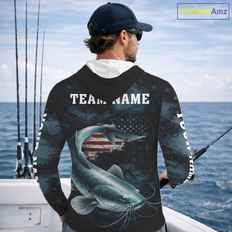 Personalized American Flag Catfish Fishing Shirts Long Sleeve Hooded, Patriotic Catfish Fishing NHT523