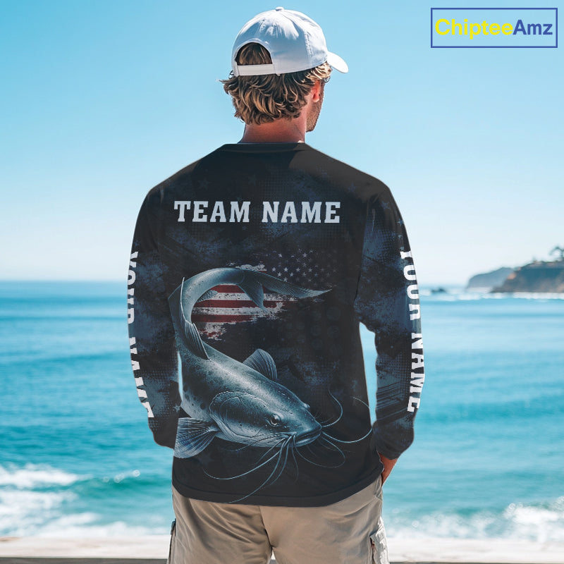 Personalized American Flag Catfish Fishing Shirts Long Sleeve, Patriotic Catfish Fishing NHT523