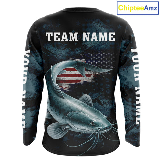 Personalized American Flag Catfish Fishing Shirts Long Sleeve, Patriotic Catfish Fishing NHT523