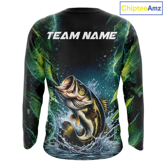 Largemouth Bass Fishing Black Green Camo Custom Name Fishing Shirts Jerseys NHT456