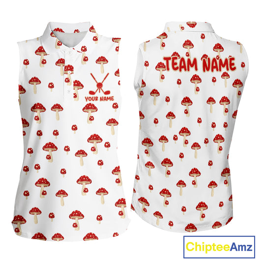 Funny Mushroom Sleeveless Womens Golf Polo Shirt, Personalized Mushroom Red White Pattern Golf Jersey NHT888