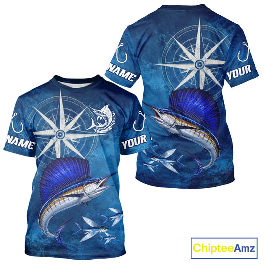 Sailfish Short Sleeve Fishing T-Shirts Gift For Men – Deep Sea Angler Ocean Compass Design
