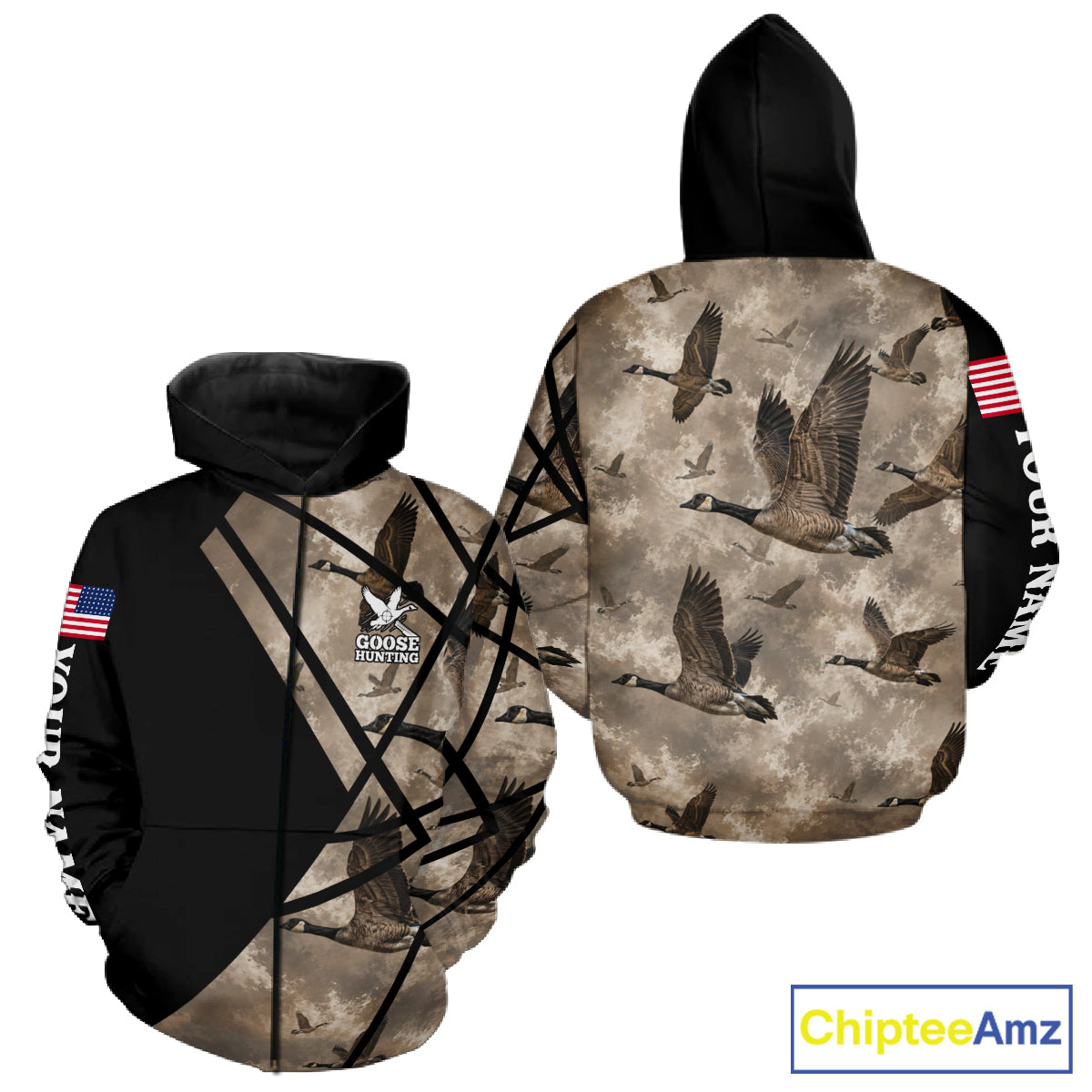 Personalized Goose Hunting Camo Flying Geese American Flag Waterfowl Hunter Custom Name Gift NHT1363