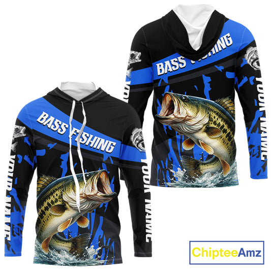 Custom Largemouth Bass Fishing Jerseys, Largemouth Bass Hooded Fishing Shirts Long Sleeve For Men|Blue NHT726