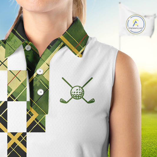 Personalized Green Tartan Plaid Womens Sleeveless Golf Polo Shirt, Custom Name Golf Shirt For Team NHT553