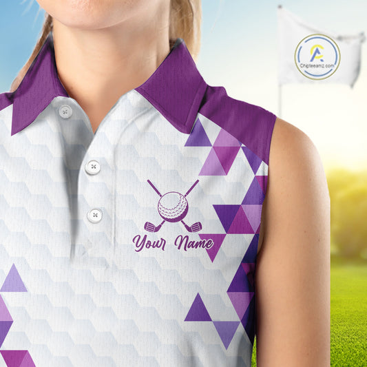 Custom Purple Geometric Womens Sleeveless Golf Polo Shirt, Personalized Team Name Golf Polo Shirt NHT554