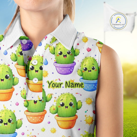 Funny Cactus Flower Pattern Womens Sleeveless Golf Polo Shirt, Cute Cartoon Plant Shirt Personalized, Colorful Succulent Shirt NHT556