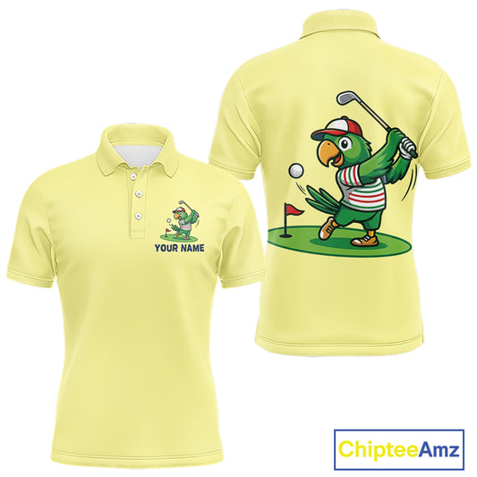 Personalized Mens Golf Polo Shirt Custom Name Funny Green Parrot Design|Yellow