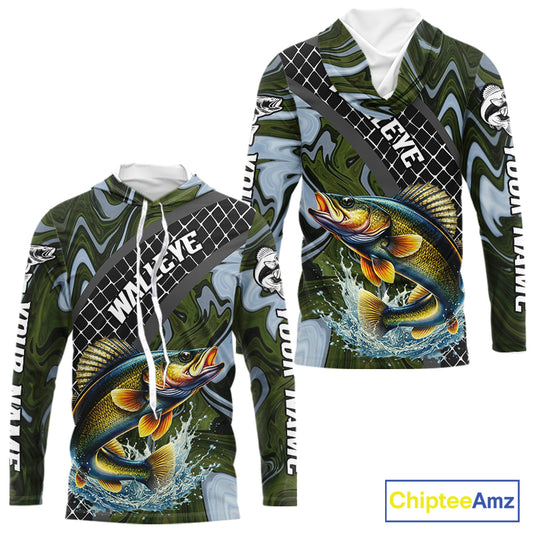 Walleye Hooded Fishing Shirt Long Sleeve Abstract Green Camo Performance Jersey For Men NHT923