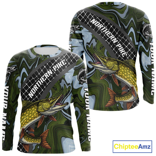 Northern Pike Fishing Shirts Long Sleeve Abstract Green Camo Performance Jersey For Men NHT925