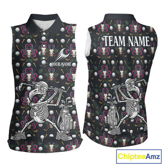 Dark Skull Sleeveless Womens Golf Polo Shirt – Gothic Skeleton Flamingo Pattern Funny Golf Shirt For Women NHT781