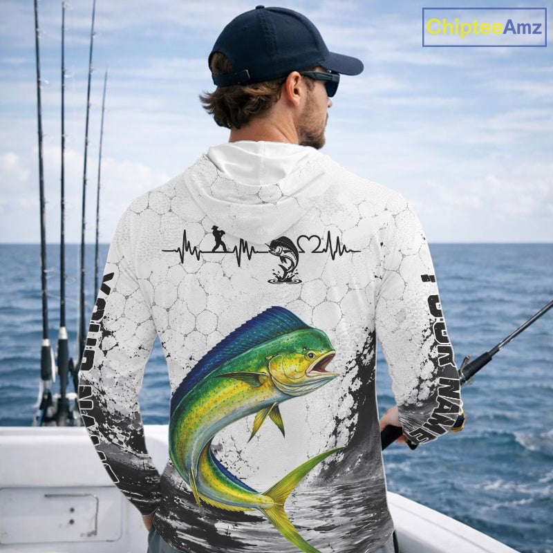 Custom Name Mahi Mahi Fishing Long Sleeve Hooded Performance Shirt, Dolphin Gift For Men