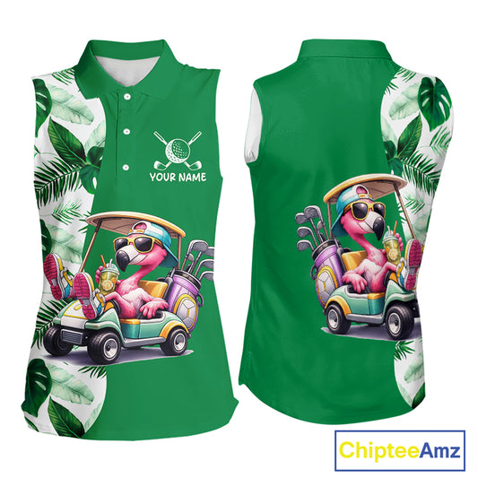 Personalized Tropical Leaf Green Golf Cart Design, Custom Flamingo Funny Womens Sleeveless Golf Polo Shirt NHT596