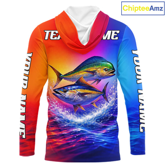 Personalized Mahi Mahi, Tuna Neon Performance Hooded Fishing Shirt, Offshore Tournament Shirts NHT599