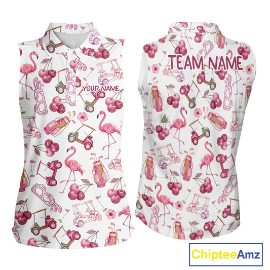 Funny Golf Polo Shirt For Womens Cherry Flamingo Sleeveless Womens Golf Cart Pattern Summer Sport Top NHT841