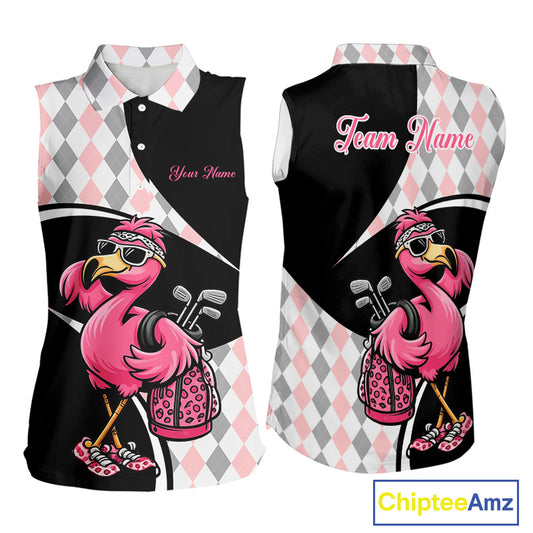Funny Pink Flamingo Pattern Argyle Sleeveless Womens Golf Polo Shirt, Custom Flamingo Golf Shirt For Team NHT652