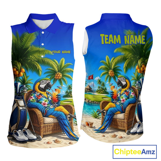 Custom Team Name Tropical Sleeveless Women Golf Polo Shirt – Funny Macaw Parrot Beach Golf Shirt For Womens NHT859