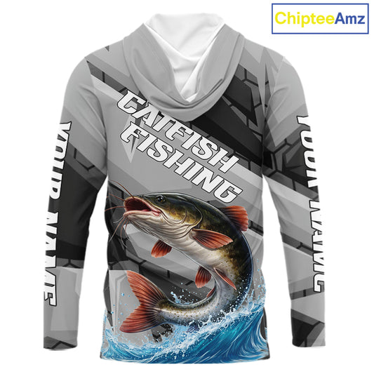 Gray Camo Custom Catfish Fishing Shirts Long Sleeve, Catfish Fishing Jerseys For Men NHT445