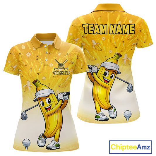 Yellow polo shirt with cartoon banana character and customizable text on a white background