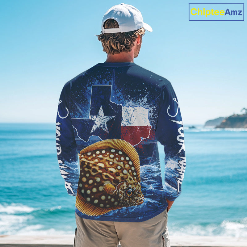 Texas Flag Flounder Fishing Jersey Performance Fishing Shirt, Saltwater Angler Gift For Men