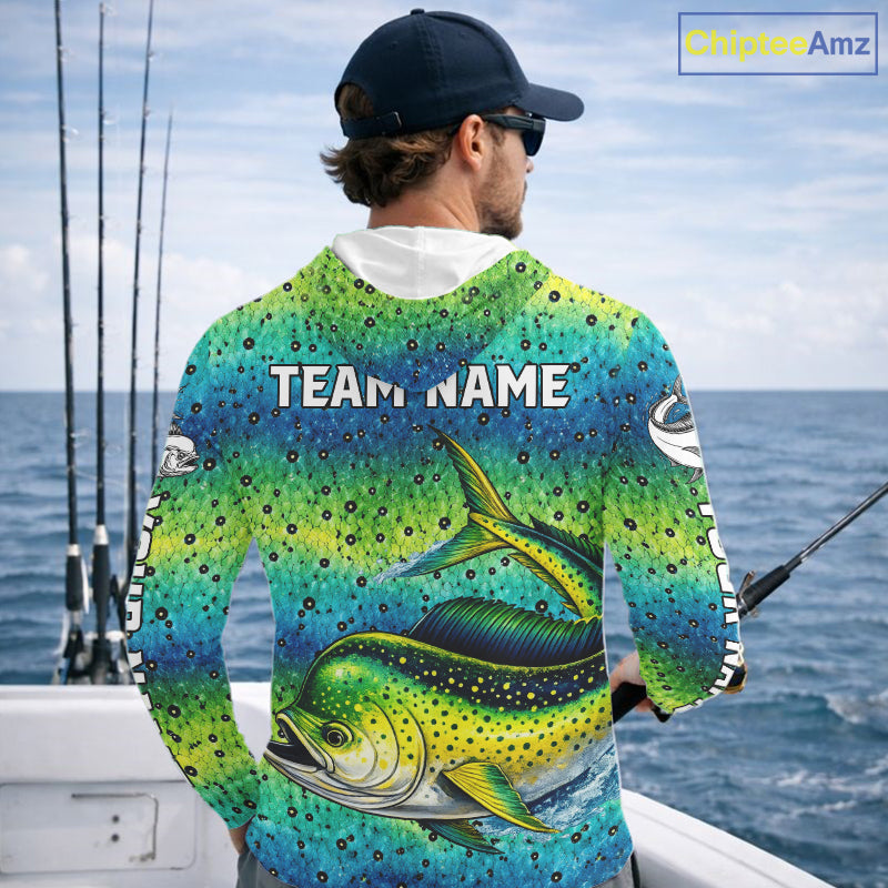 Mahi Mahi Fishing Team Jerseys, Mahi Mahi Fishing Shirts Long Sleeve Hooded Green Camo NHT614