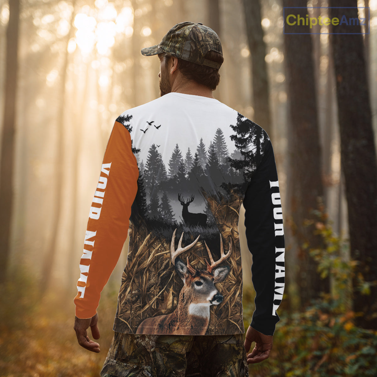 Whitetail Deer Hunting Shirt – Blaze Orange Camo Black Custom Name 3D Print NHT290