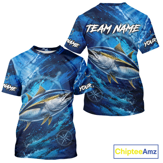 Back view of custom tuna fishing shirt made from breathable polyester with UPF 30+ sun protection.