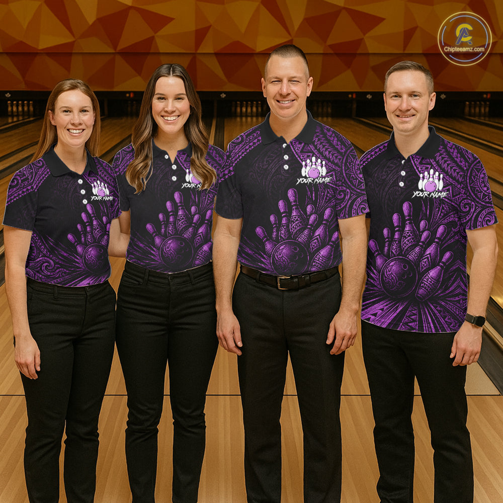 Custom Bowling League Shirt, Personalized Bowling Team Polo, Polynesian Tribal Bowling For Men|Purple NHT1234