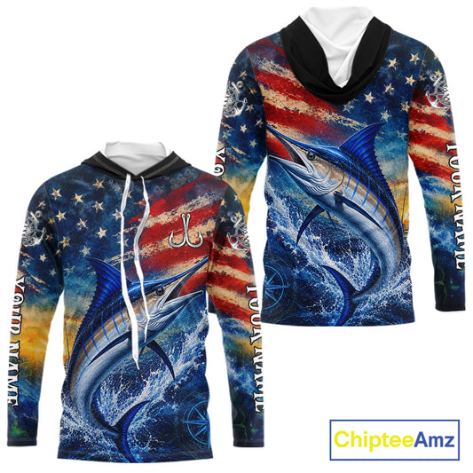 Marlin Fishing Shirt American Flag 3D All Over Print Long Sleeve Hooded Performance Apparel For Men NHT1088