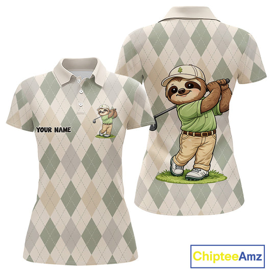 Personalized Sloth Golfer Polo Shirt Funny Golf Argyle Pattern Custom Name Golf Lover Gift for Womens