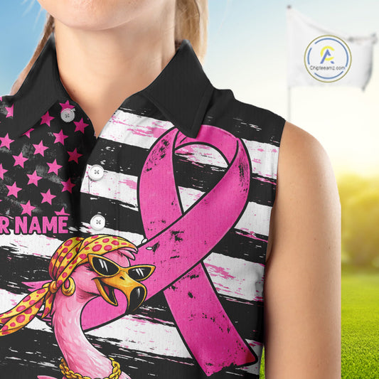 Pink Ribbon American Flag Flamingo Funny Women Golf Polo Shirts Custom Breast Cancer Awareness NHT798