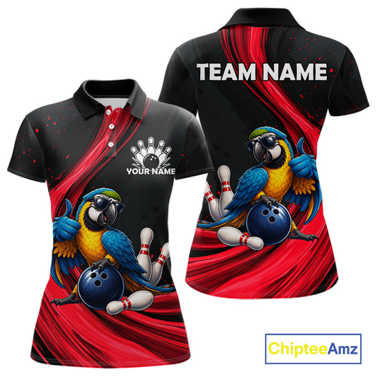 Custom short-sleeve polo shirt shown from the front and back, featuring a black base with red graphic swirls and a large parrot illustration holding a bowling ball. The front has a bowling pins logo and placeholder text 'YOUR NAME', and the back has 'TEAM NAME' in white.