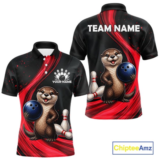 Front and back views of a black short-sleeve bowling-themed polo shirt with red graphic swirls, a cartoon otter holding a bowling ball, bowling pins, and customizable text areas reading TEAM NAME and YOUR NAME. A ChipteeAmz logo appears in the bottom right corner.