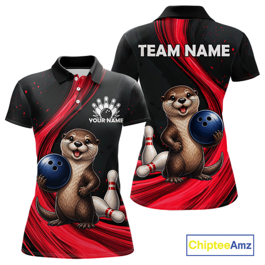 Custom bowling-themed short-sleeve polo shirt shown from the front and back. The black and red design features a cartoon otter holding a blue bowling ball, bowling pins, and scattered red paint splatters.