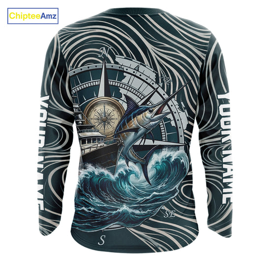Marlin Fishing Long Sleeve Shirt Ocean Wave Compass Design, UV Protection Performance Fishing Apparel NHT613