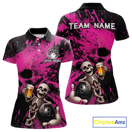Custom Skeleton Beer Bowling Jersey, Pink Splatter Skull Polo & Quarter-Zip Shirt Gift For Women