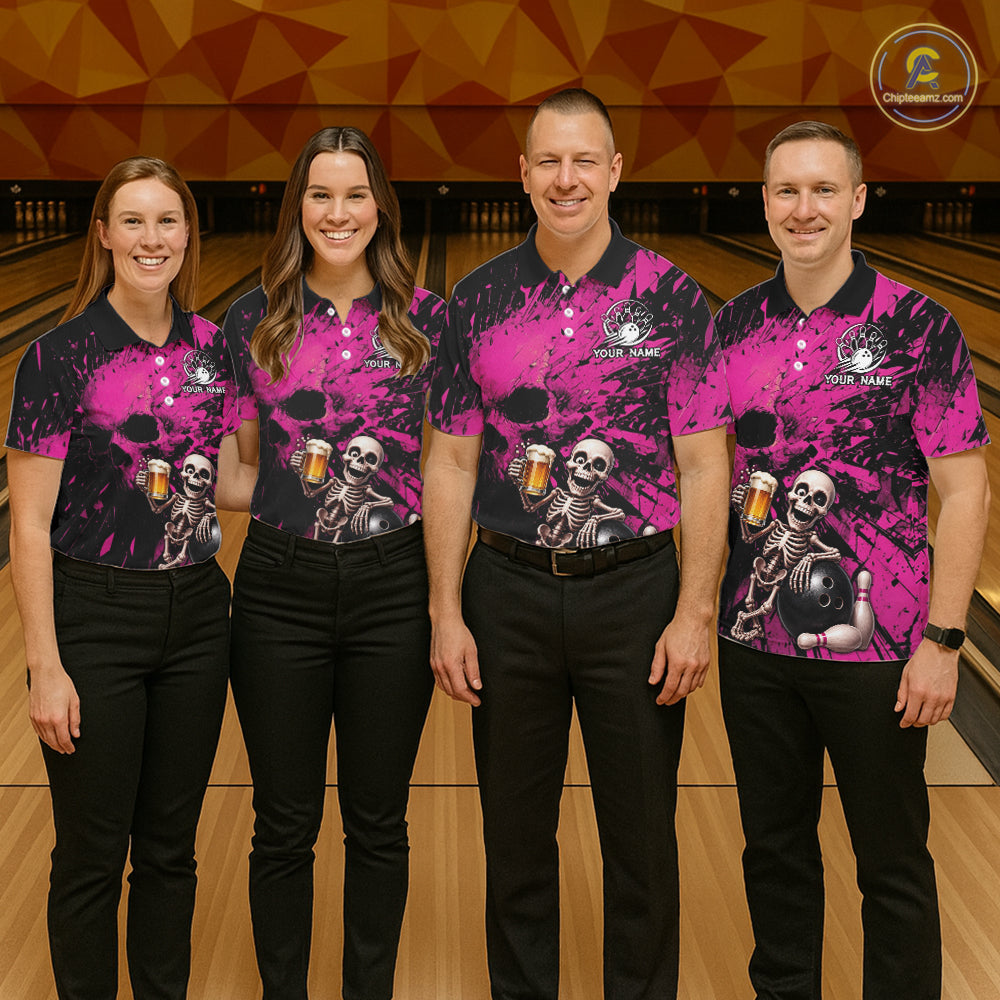 Custom Skeleton Beer Bowling Jersey, Pink Splatter Skull Polo & Quarter-Zip Shirt Gift For Women NHT1169