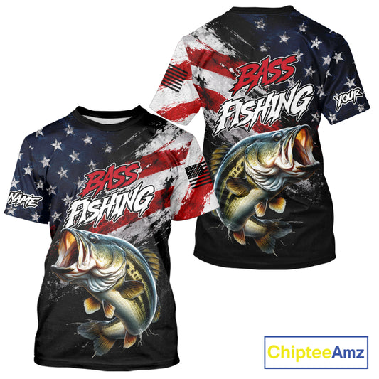 American Flag Bass Fishing T-Shirt For Men, Personalized Largemouth Bass Fishing Apparel