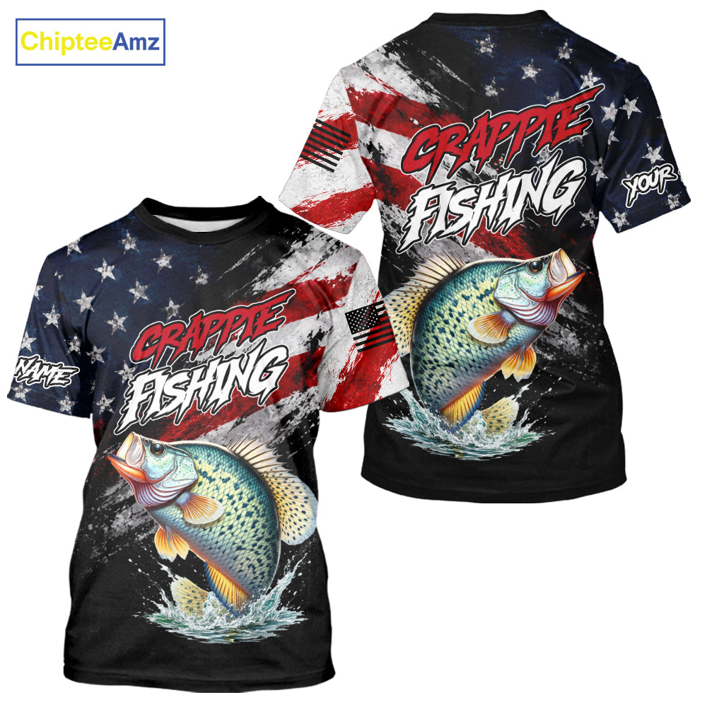 American Flag Crappie Fishing T-Shirt For Men, Personalized Crappie Fishing Apparel