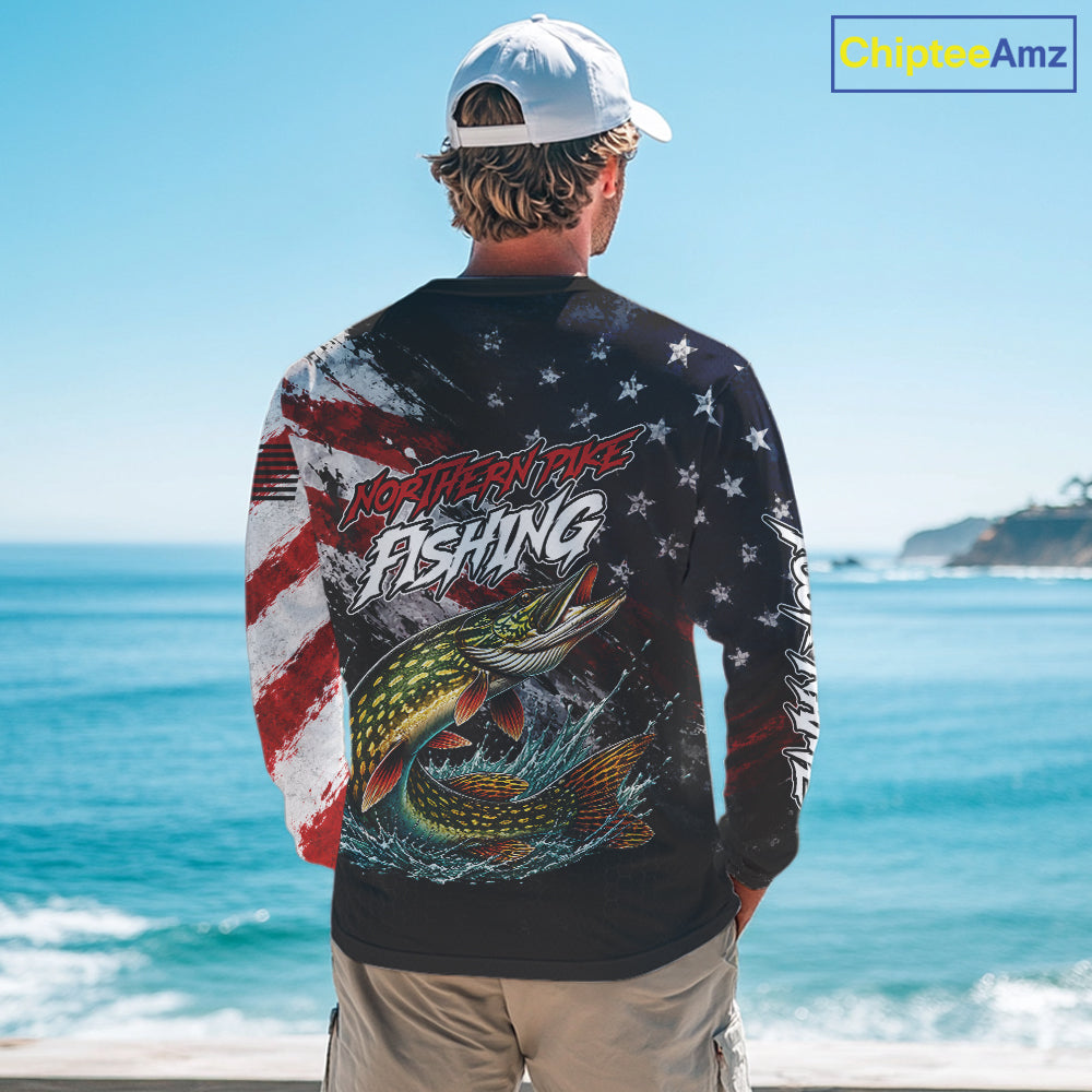 American Flag Northern Pike Fishing Shirt For Men, Personalized Northern Pike Fishing Apparel