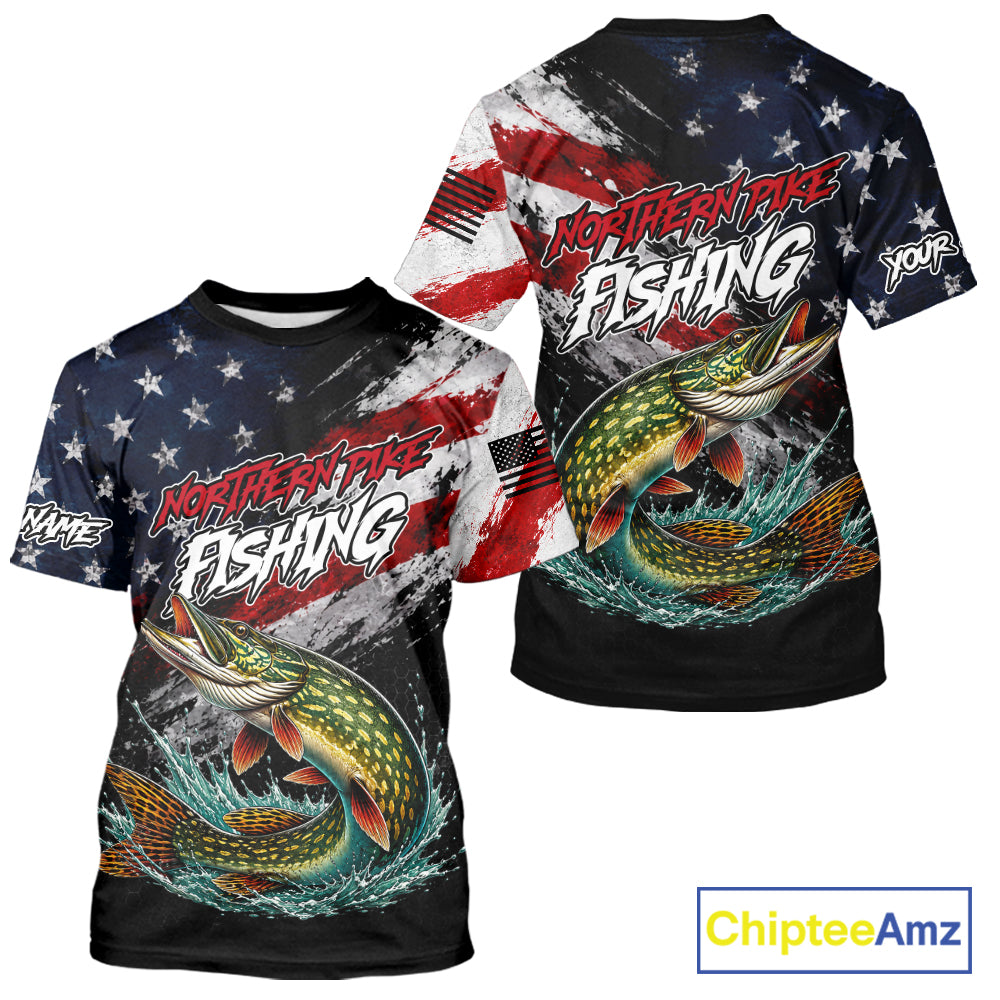 American Flag Northern Pike Fishing T-Shirt For Men, Personalized Northern Pike Fishing Apparel
