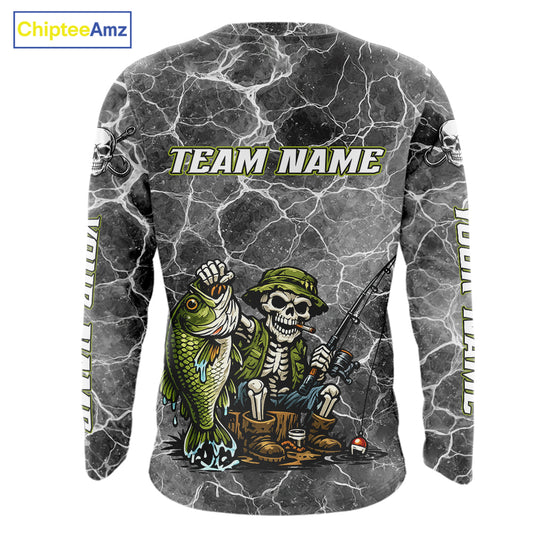 Custom Camo Gray Fish Reaper Skull Bass Long Sleeve Fishing Shirt, Bass Hunter Fishing Jerseys NHT678