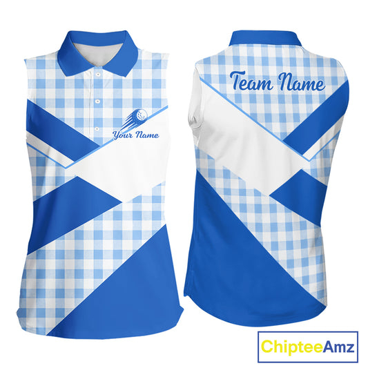 Custom Womens Sleeveless Blue Gingham Plaid Golf Polo Shirts– Personalized Ladies Golf Apparel NHT718