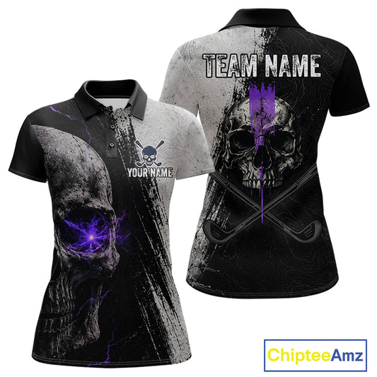 Personalized Skull Womens Golf Polo Shirt Purple Lightning Custom Team Name Golf Shirt